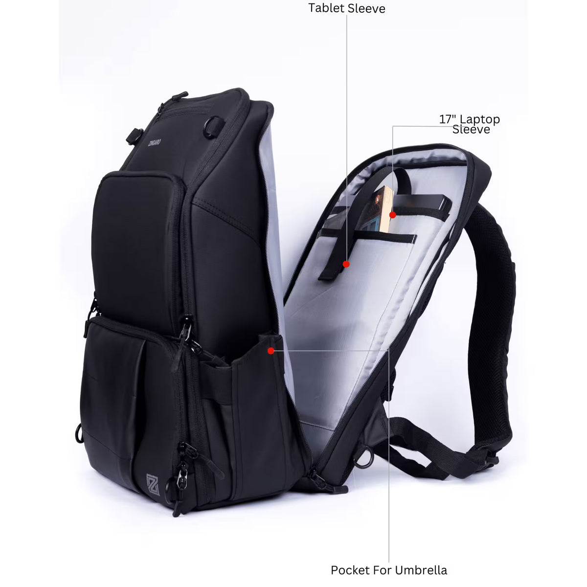 A black multi-compartment backpack shown open on a white background, with callout lines labeling a tablet sleeve, 17-inch laptop sleeve, and umbrella pocket.