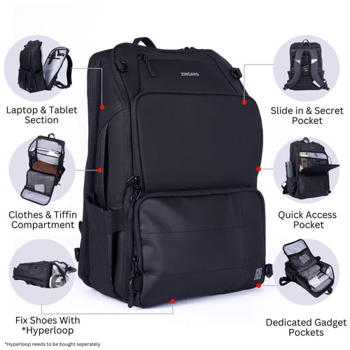 Black laptop backpack with multiple labeled feature callouts showing compartments and pockets, centered on a white background.