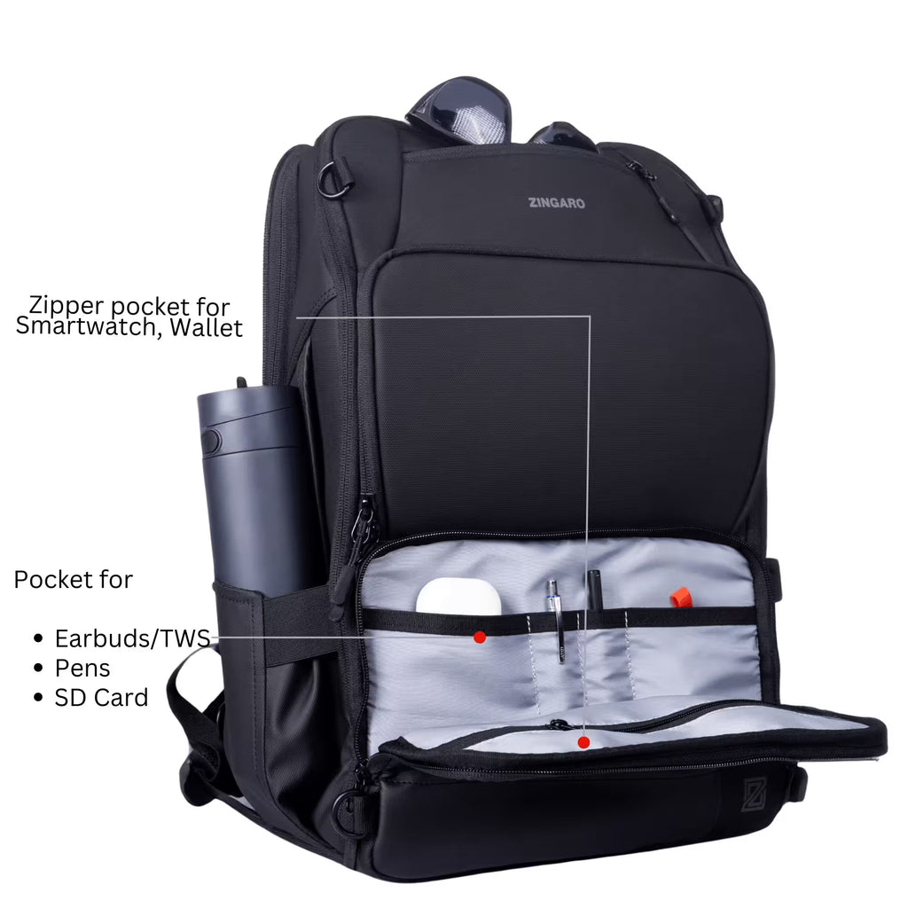 Black ZINGARO backpack with an open front compartment showing interior organizer pockets, alongside a side water bottle and text callouts indicating pocket uses.