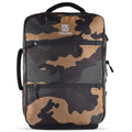 A ZINGARO brand backpack featuring a dark camouflage pattern in black, brown, and gray, with multiple zippered compartments and a top handle, shown against a plain white background.