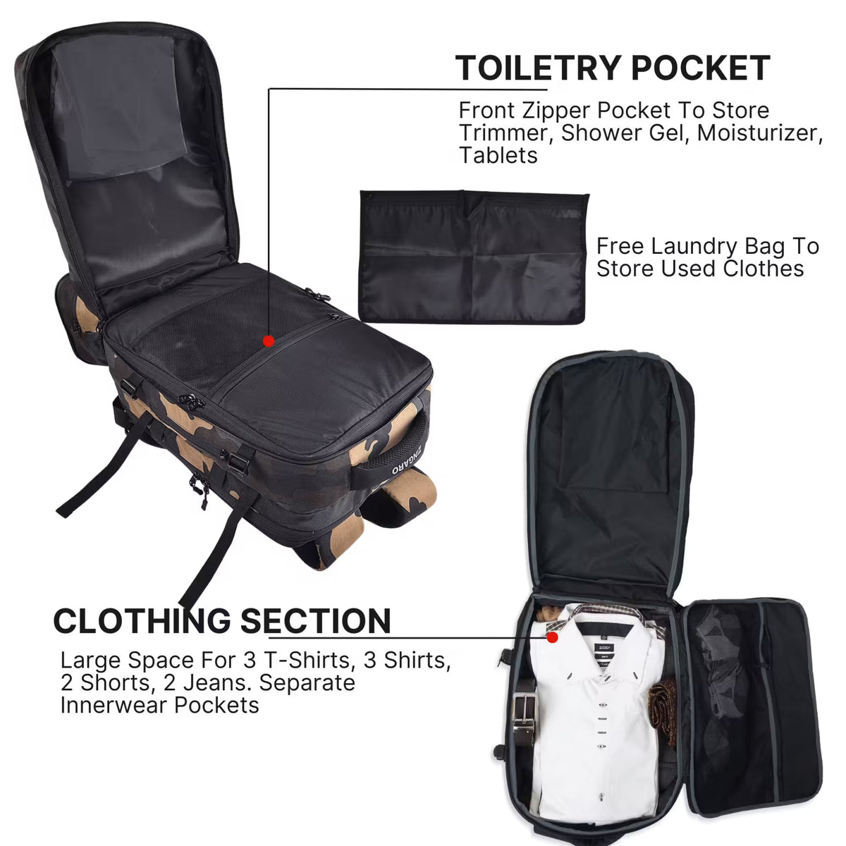 Army travel backpack clothing compartment