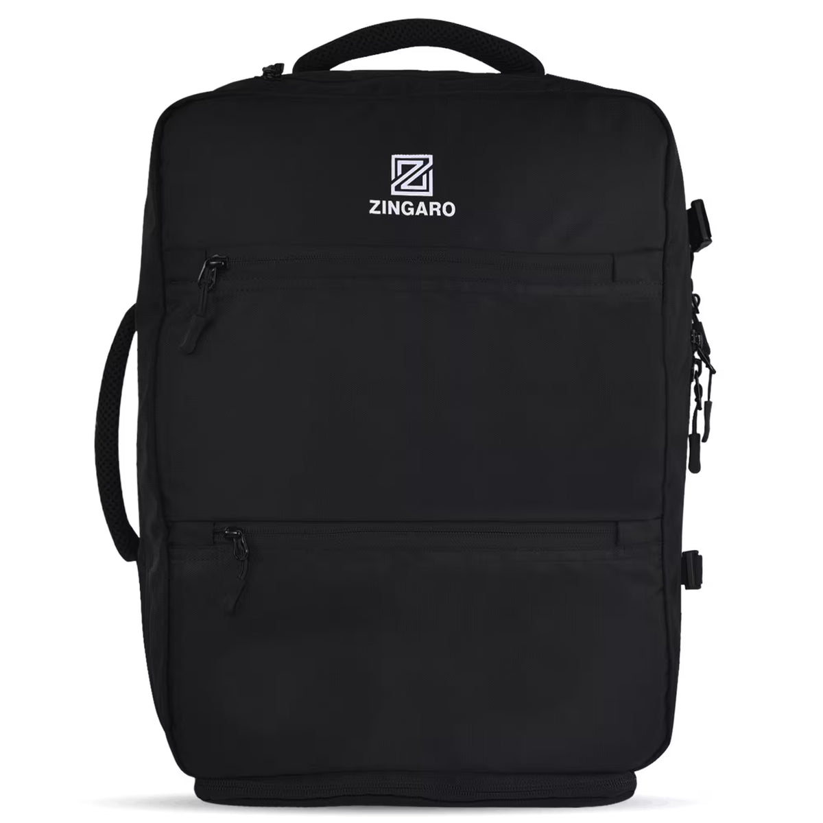 A black ZINGARO laptop backpack with multiple zippered pockets and a top carry handle, shown against a plain white background.