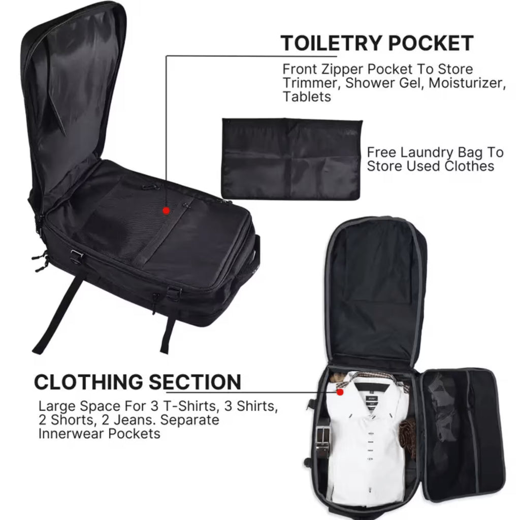 Black packing backpack shown with labeled callouts for a toiletry pocket and clothing section, plus a small inset showing a free laundry bag, on a white background.