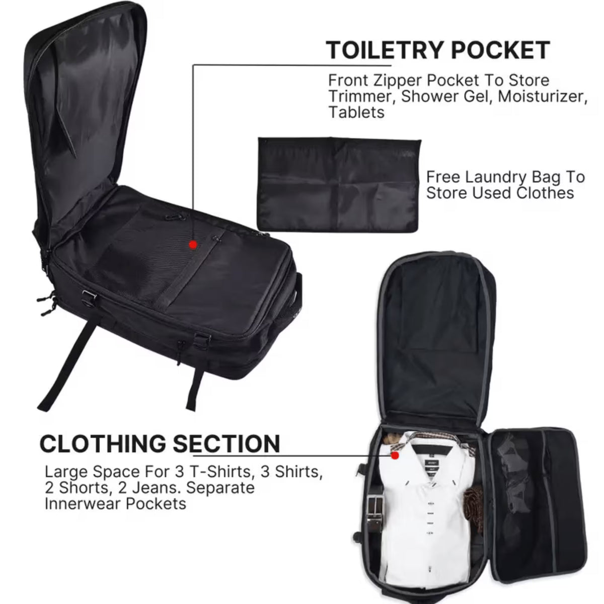 Black packing backpack shown with labeled callouts for a toiletry pocket and clothing section, plus a small inset showing a free laundry bag, on a white background.