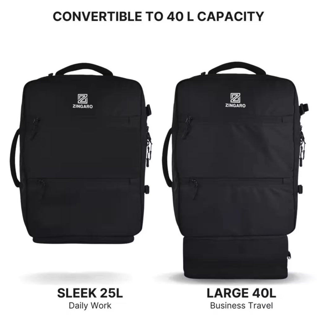Two black ZINGARO backpacks shown side by side on a white background, labeled 'SLEEK 25L Daily Work' and 'LARGE 40L Business Travel,' with text at the top reading 'CONVERTIBLE TO 40 L CAPACITY.'.