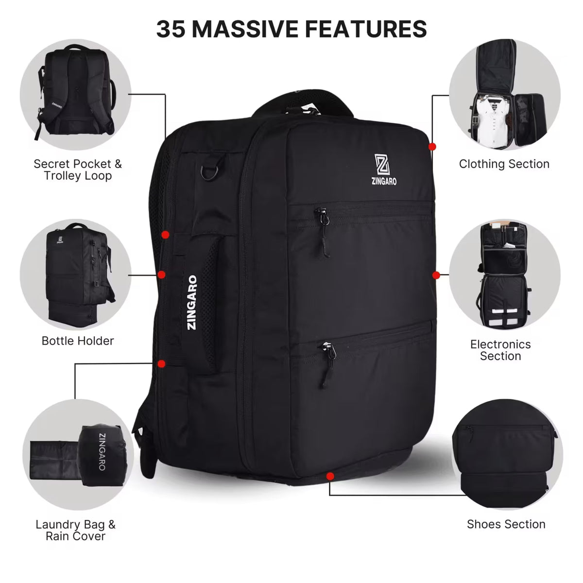 Black ZINGARO backpack shown on a white background with callout labels pointing to 35 massive features, including a clothing section, electronics section, shoes section, bottle holder, secret pocket, and laundry bag and rain cover.