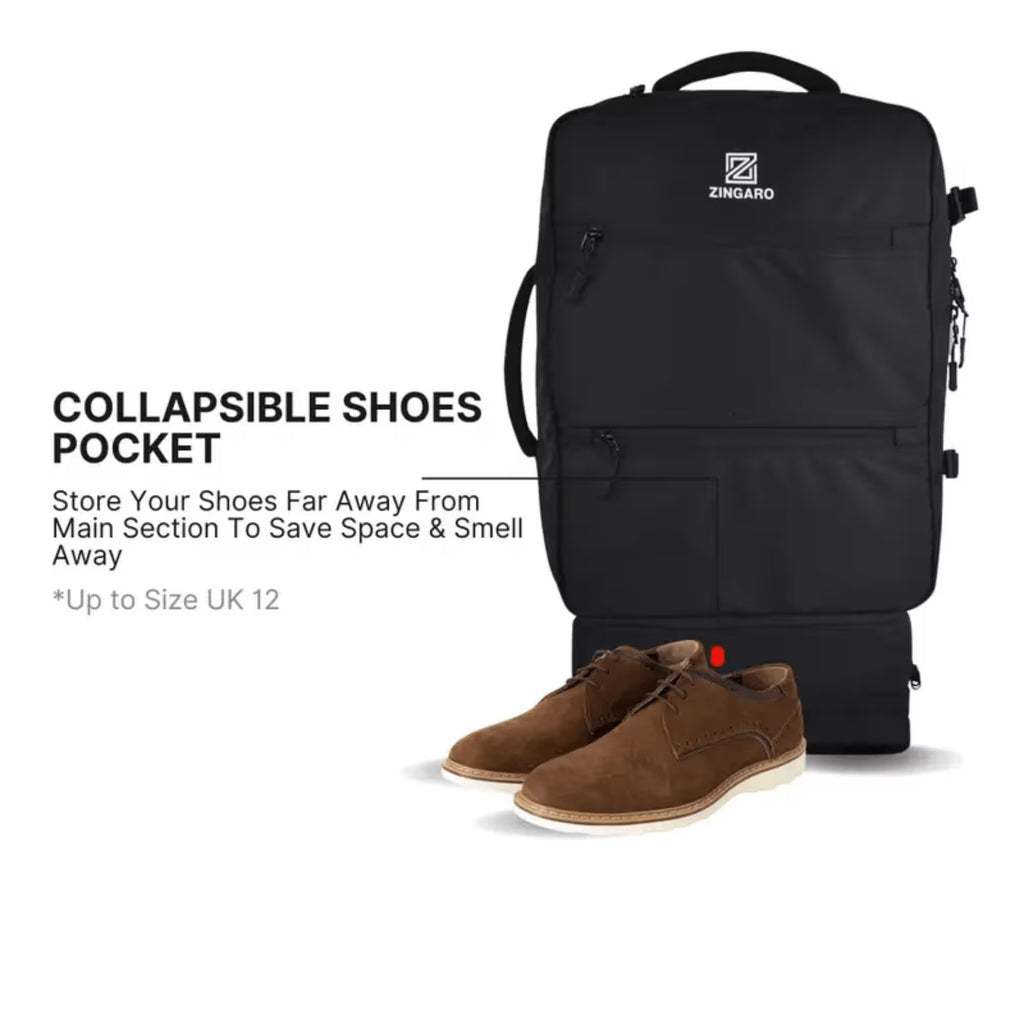 A black ZINJING collapsible travel backpack with a shoe storage pocket, shown with a pair of brown suede shoes in front on a white background with product text.