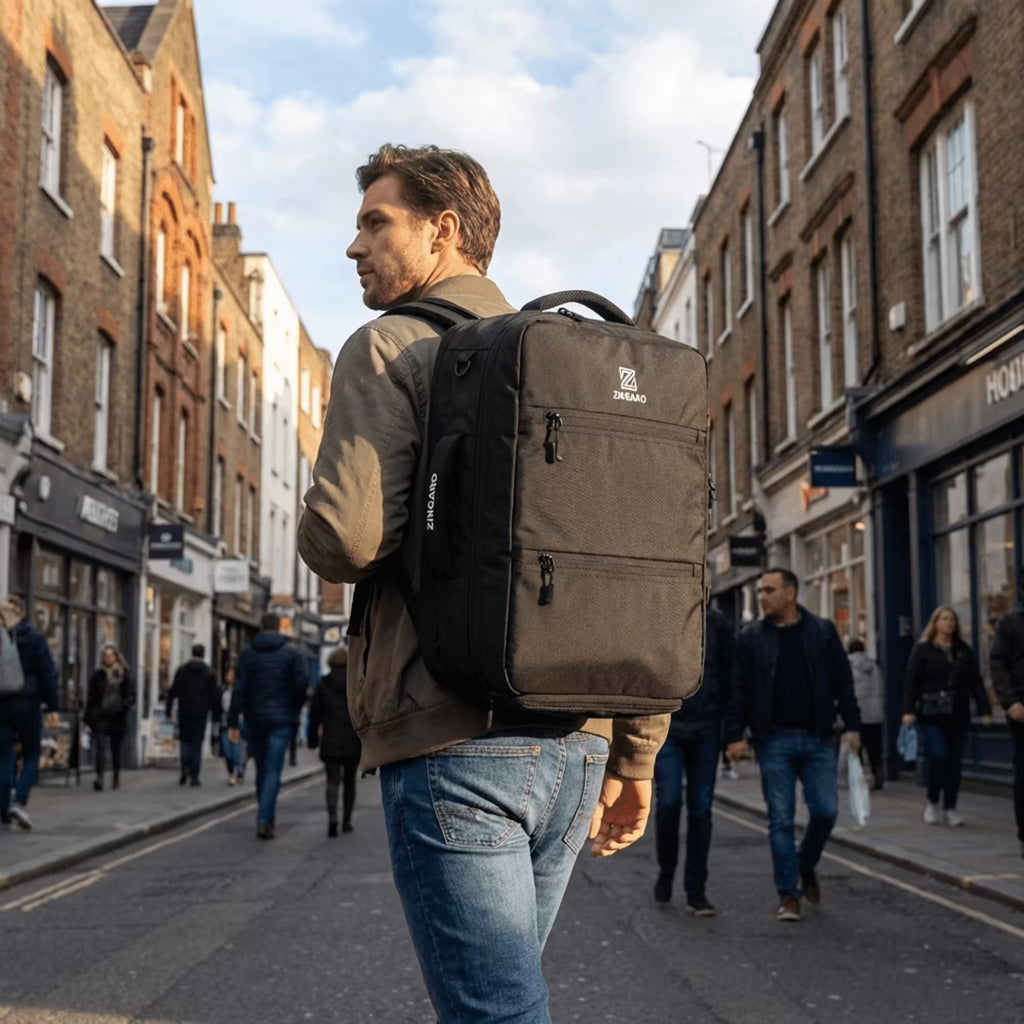 A man walking on a city street wearing a dark olive green and black backpack, shown from behind. The backpack features multiple zippered compartments and a white logo on the upper right side.