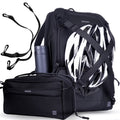 Black ZINGARO bicycle backpack set with a matching front pannier bag, shown with a white and black bicycle helmet and a dark bottle accessory on a white background.