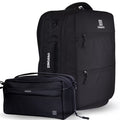 A black ZINGARO backpack shown with a matching black zippered pouch in front, photographed on a clean white studio background. The backpack has multiple zip compartments, a top handle, and a vertical ZINGARO logo on the side pocket.