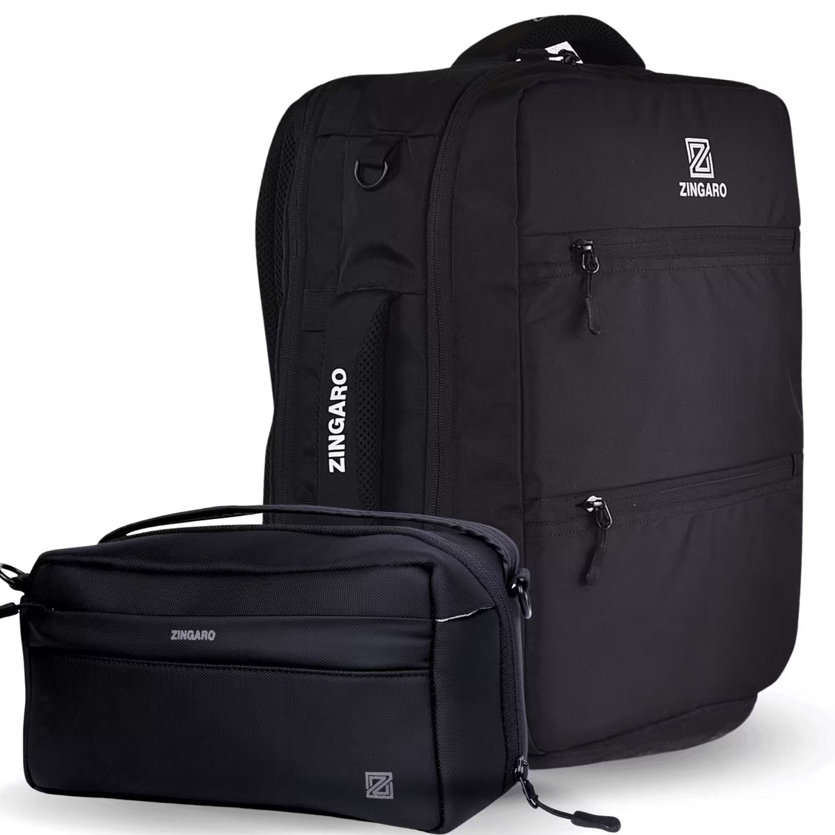 A black ZINGARO backpack shown with a matching black zippered pouch in front, photographed on a clean white studio background. The backpack has multiple zip compartments, a top handle, and a vertical ZINGARO logo on the side pocket.