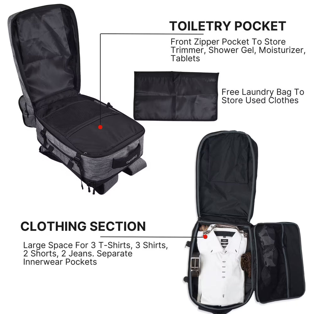 A travel packing cube set shown on a white background with callout text and inset detail views. The main product is an open gray and black suitcase-style luggage organizer with a toiletry pocket and a large clothing section containing folded white shirts and jeans.