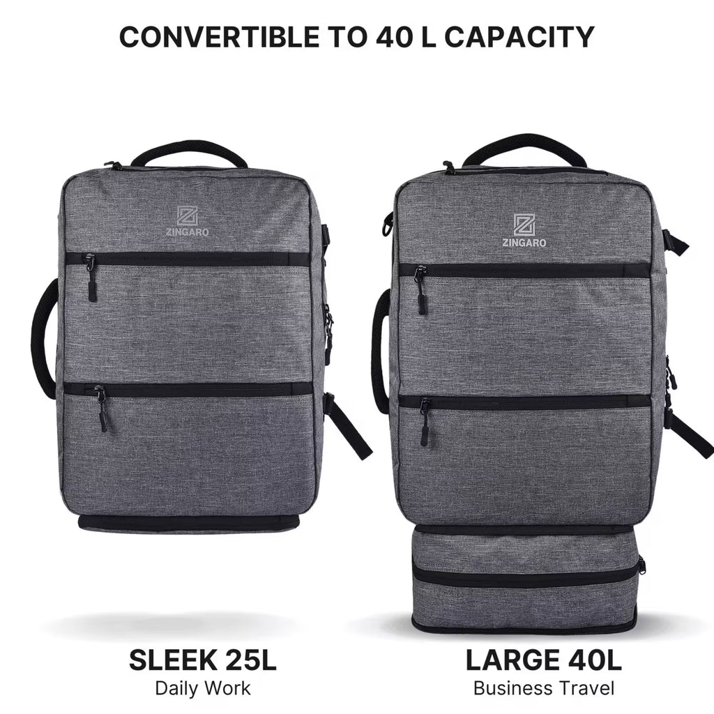 Two gray backpacks, one labeled 'Sleek 25L' and the other 'Large 40L', with text indicating capacity and brand.