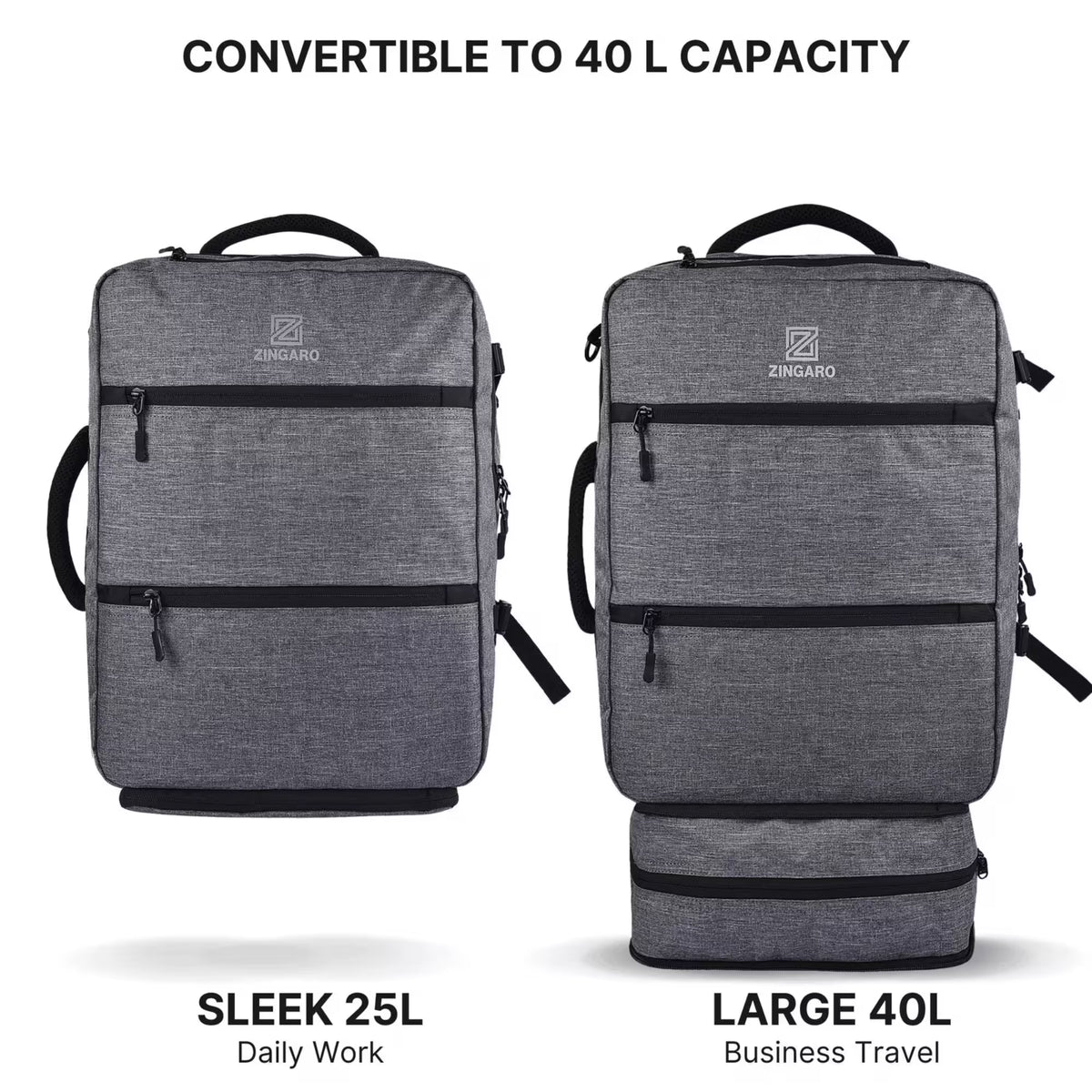 Two gray backpacks, one labeled 'Sleek 25L' and the other 'Large 40L', with text indicating capacity and brand.