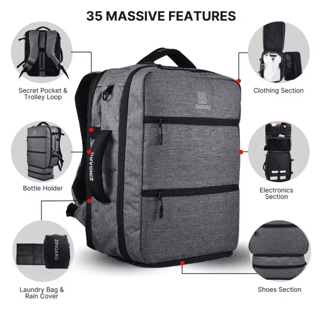 Gray backpack with features highlighted on a white background