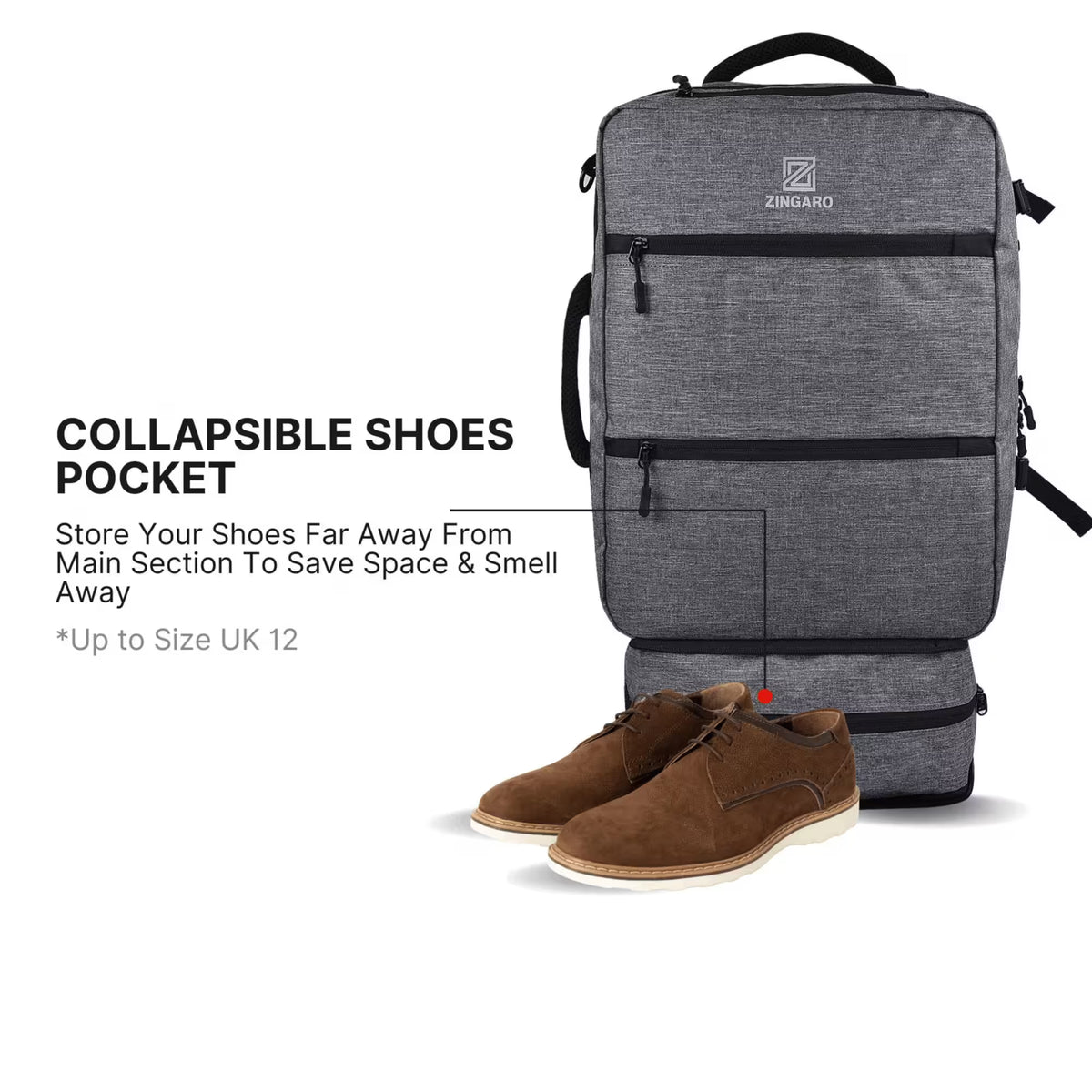 A gray heathered ZINGARI collapsible backpack shown with a pair of brown suede shoes placed in the lower pocket to demonstrate shoe storage. Text on the left reads 'COLLAPSIBLE SHOES POCKET' with additional storage information.
