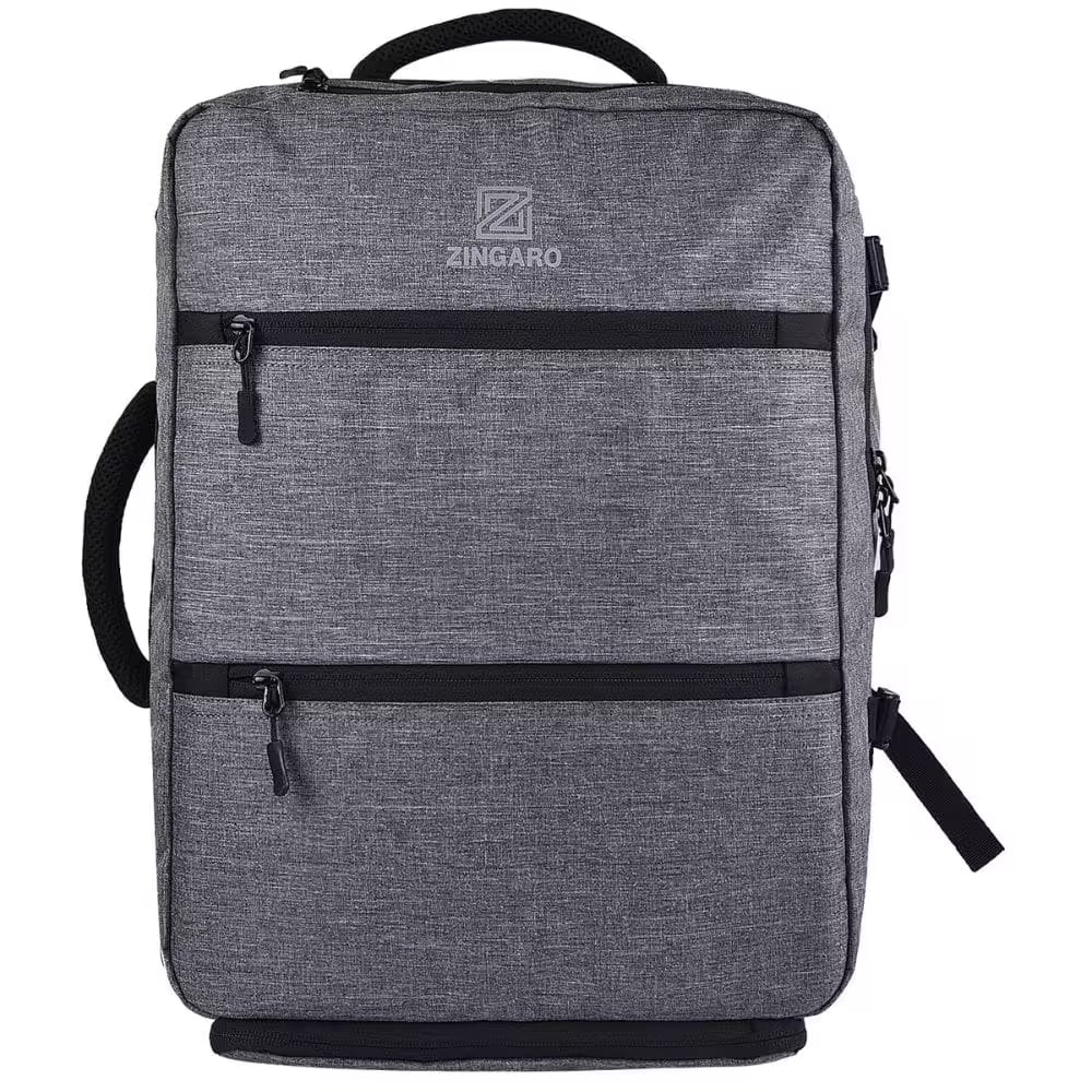 A gray heathered backpack with black zippers, a top handle, and a side shoulder strap, featuring the ZINGARO brand logo on the front.