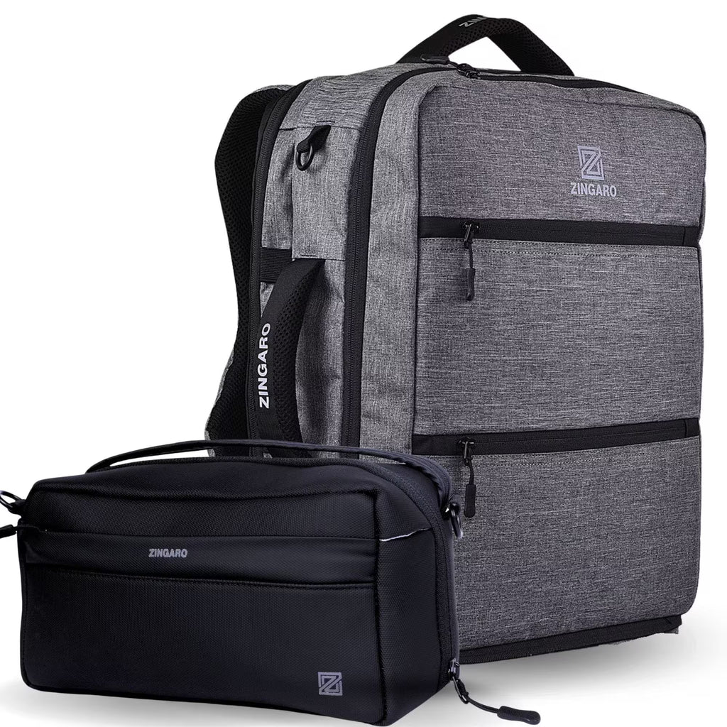 A ZINGARO travel backpack in heather gray with black trim, shown alongside a matching black zippered pouch on a clean white background.