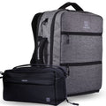 A ZINGARO travel backpack in heather gray with black trim, shown alongside a matching black zippered pouch on a clean white background.