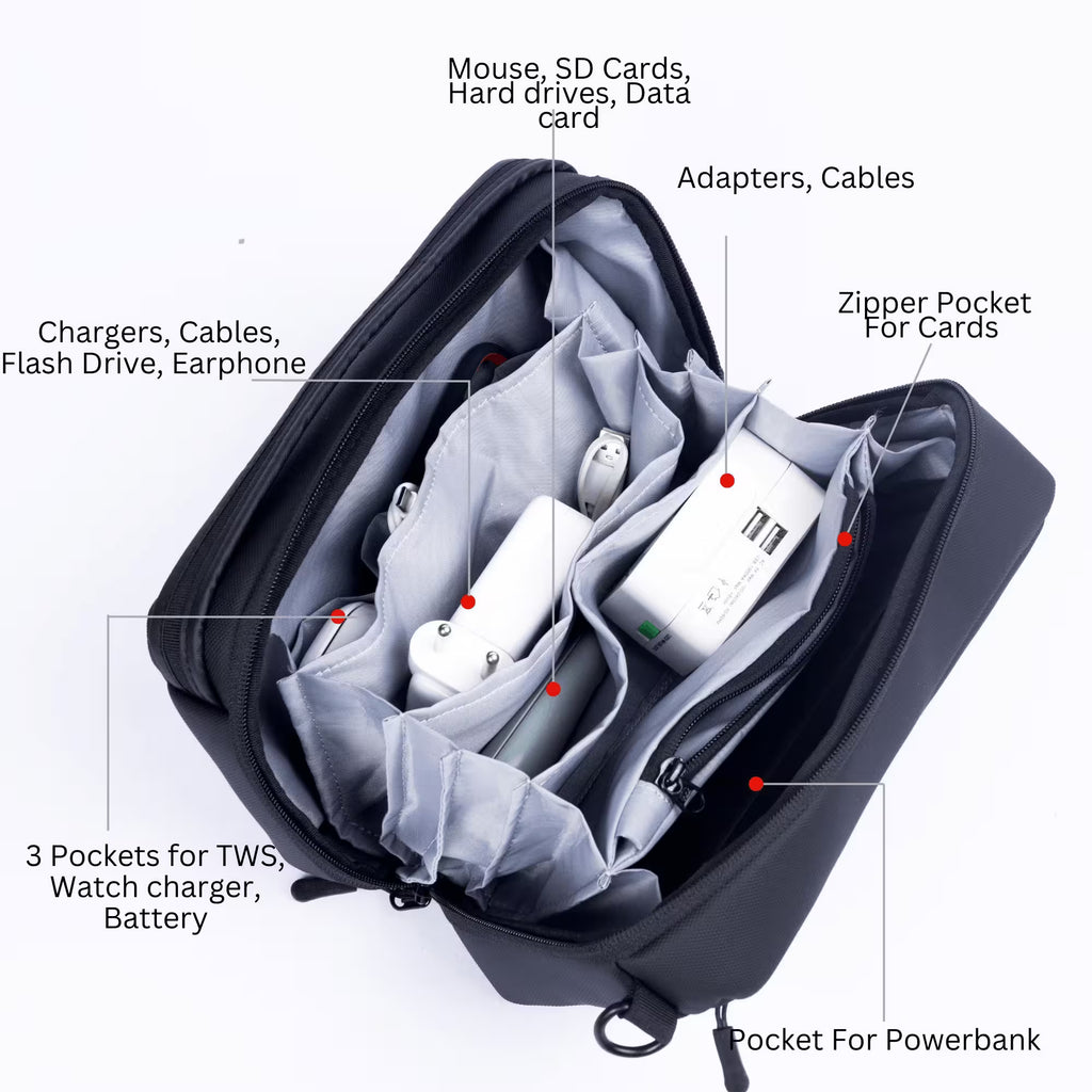 Tech pouch interior view with electronics