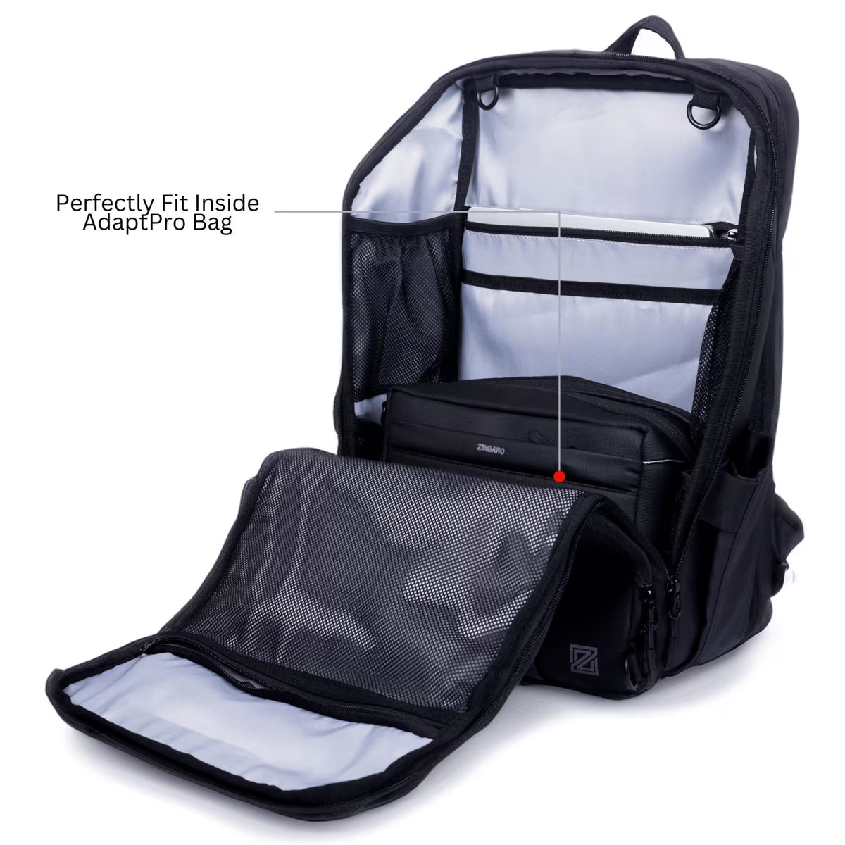 Tech pouch inside laptop backpack