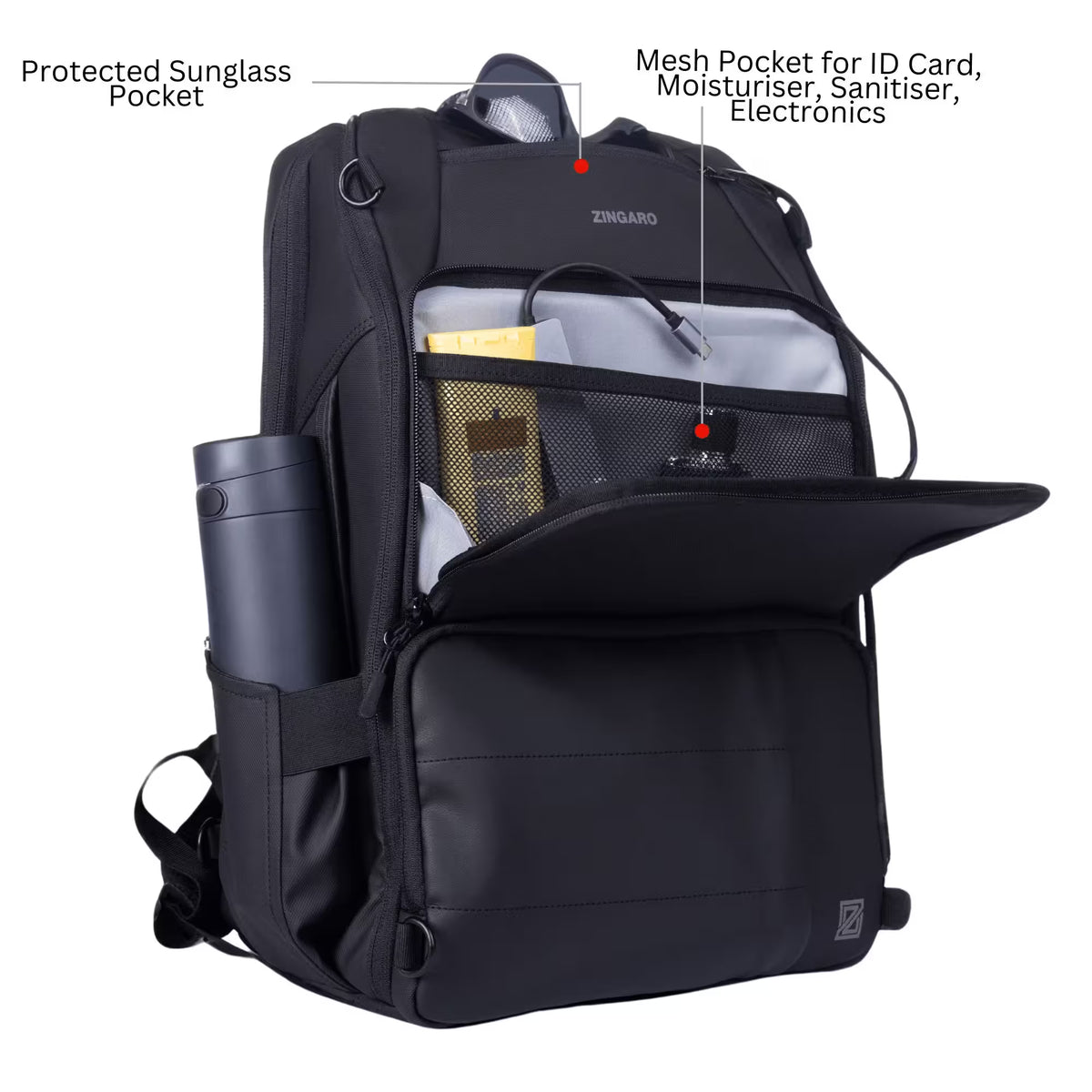 Black ZINGARO backpack shown open on a white background with callout labels pointing to the sunglasses pocket, mesh ID card pocket, and side water bottle compartment.