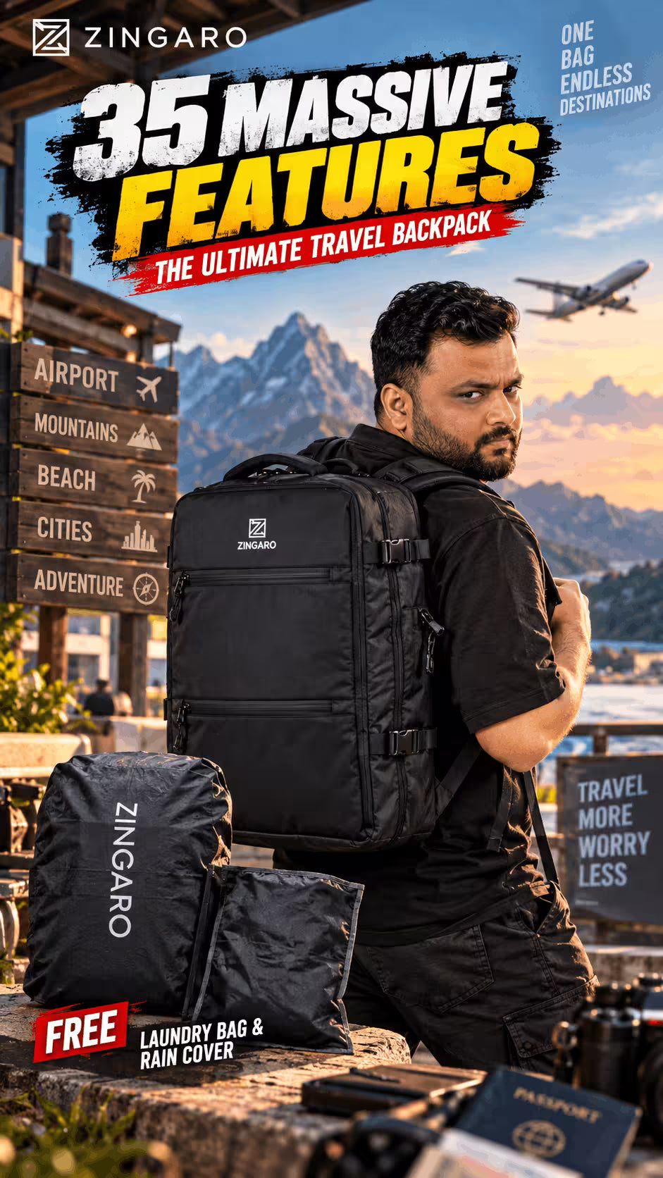 A man wearing a black Zingaro travel backpack stands outdoors in front of a mountain backdrop, with the backpack prominently displayed on his back and additional matching bags on the ground. Large promotional text reads '35 Massive Features' and 'The Ultimate Travel Backpack,' with Zingaro branding visible on the bags and in the top left corner.