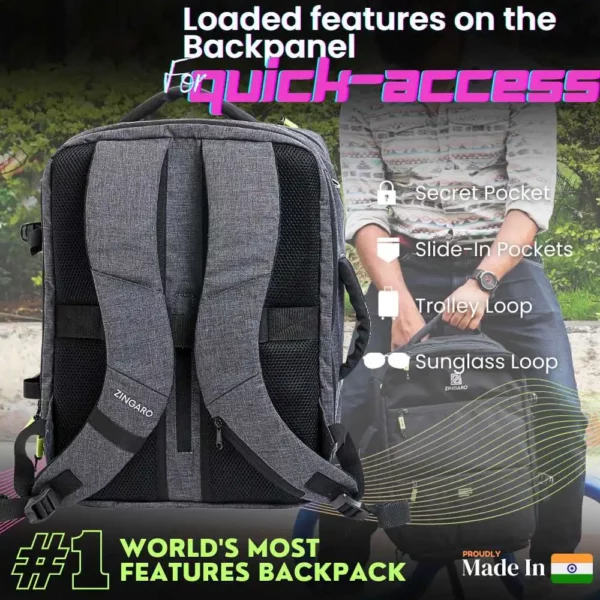Zingaro Backpack-With 35 massive feature- Best travel backpack in India with mutliple compartments- Best travel backpack in India with clothing- electronics-shoes compartment- Travel backpack in India with multiple features- Best travel backpack in India with clothing compartment at best price-Travel backpack with shoes compartment