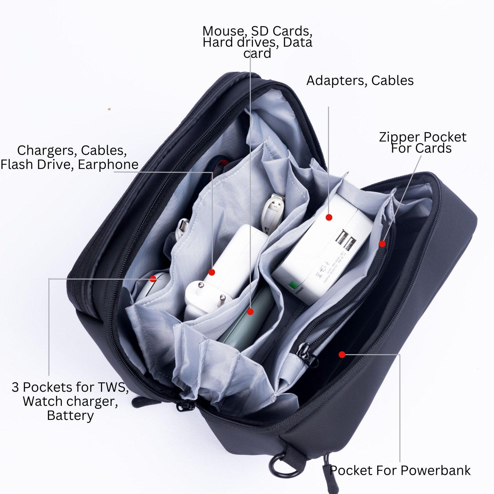 Travel pouch organizer Zingaro latest large stylish discounted offer waterproof water resistant tech portable accessories organizer gadget cables adapters power bank SD Card pouch travel kit toiletry backpack hard case bag free sling