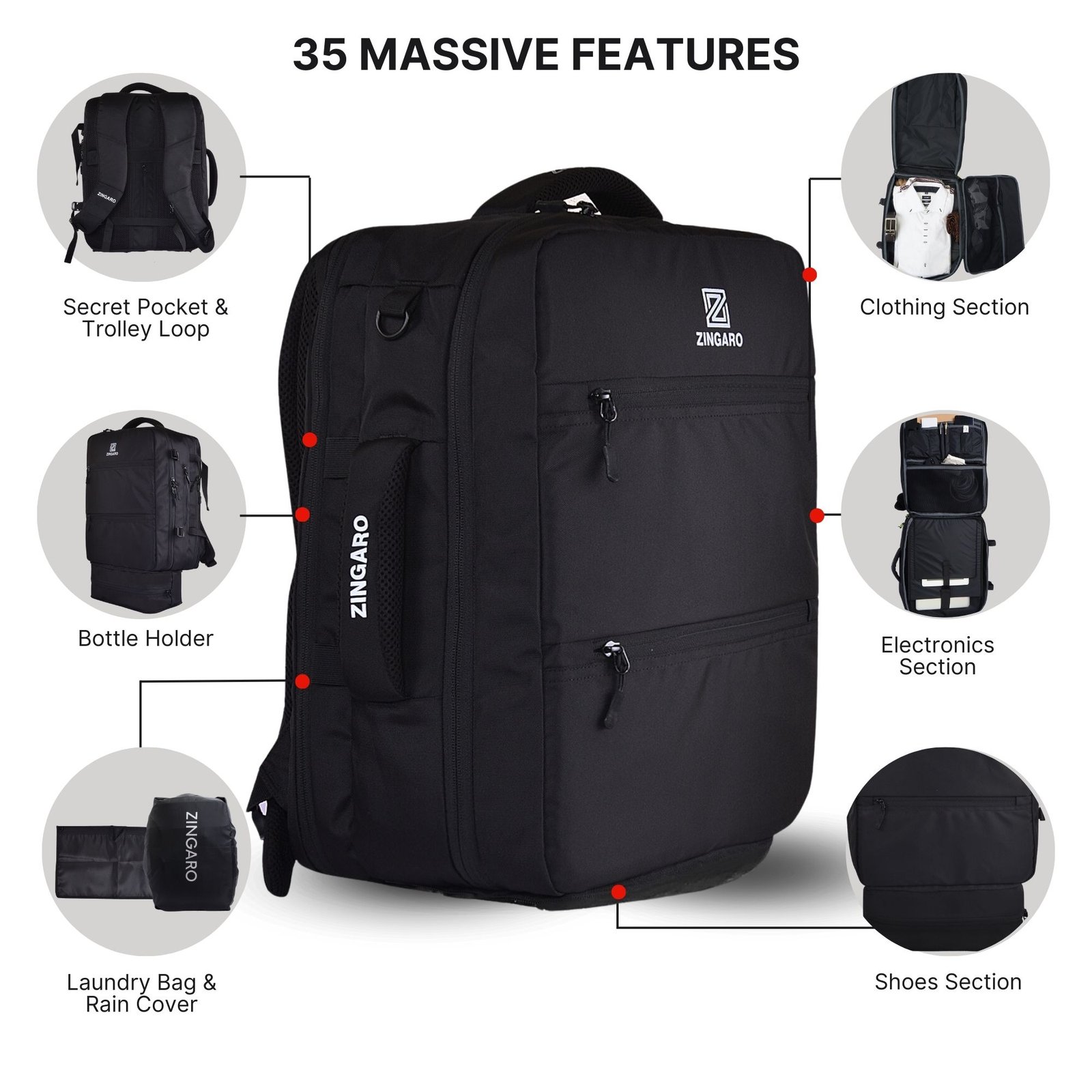 Zingaro waterproof water resistant travel laptop latest best professional 40l 30l 25l large tech smart travel tactical office work college gym work out black 15 inch 17 inch large multi purpose short travel laptop backpacks for bags for men women ladies premium stylish backpacks for laptop tactical computer lap tops back packs bags